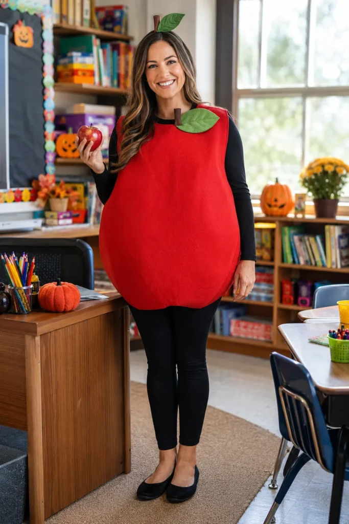 Woman wearing a giant red apple costume with green leaf headpiece in a colorful classroom, holding a real apple and smiling at the camera