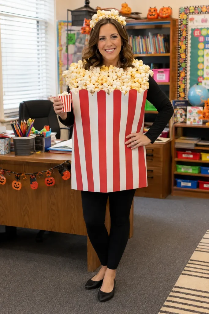 Teacher in classroom wearing giant red-and-white striped popcorn box costume with flower crown headband, holding small popcorn container