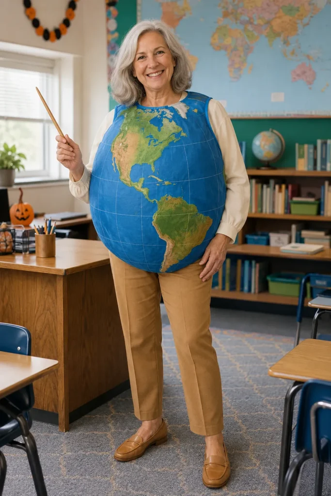 Teacher wearing a globe costume in a colorful classroom, holding a pointer stick and smiling at camera