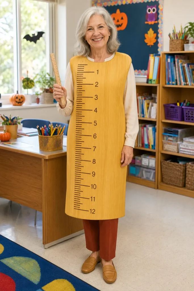 Smiling woman wearing a yellow ruler costume dress with measurement markings, holding a wooden ruler, standing in a classroom with bookshelves and autumn decorations