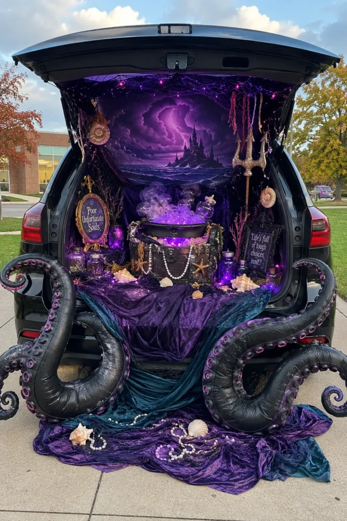 Trunk decorated as haunted ocean scene with purple lighting, cauldron, octopus tentacles, and "Poor Unfortunate Souls" sign for trunk or treat