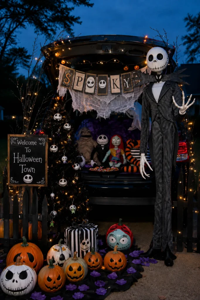 Elaborately decorated car trunk transformed into spooky Halloween Town scene with skeletal character figures, jack-o'-lanterns, glowing string lights, and "Spooky" banner at dusk