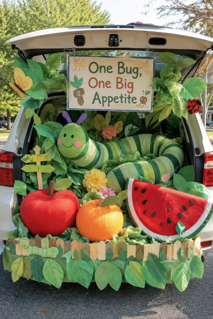 Car trunk decorated with caterpillar character, green streamers, and oversized felt fruits for a trunk or treat display