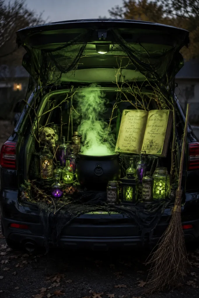 Spooky car trunk decorated with glowing green cauldron, skull, spell books, bare branches, and flickering lanterns for a Halloween trunk or treat display