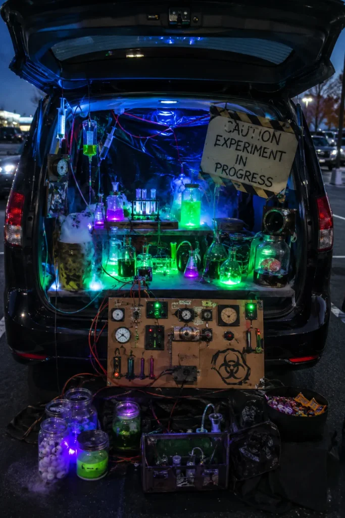 Car trunk decorated with neon green and purple glowing bottles, blue LED lights, and electronic circuits with a caution sign reading "Experiment in Progress