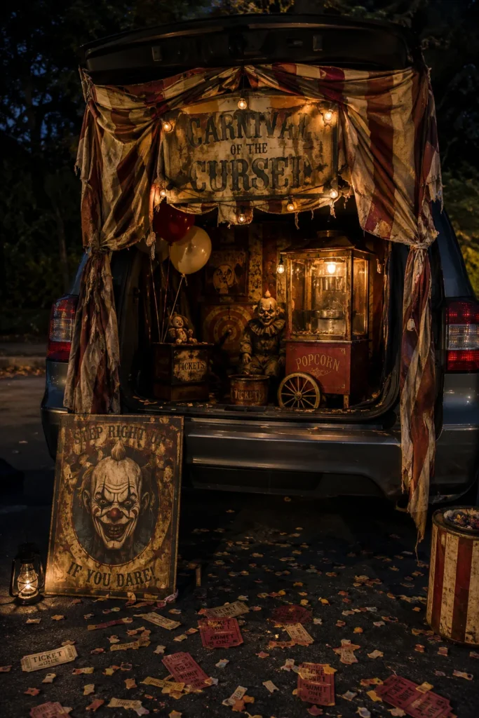 Vintage carnival-themed car trunk decorated with "Carnival of the Cursed" banner, creepy clown signs, warm string lights, and a popcorn machine inside