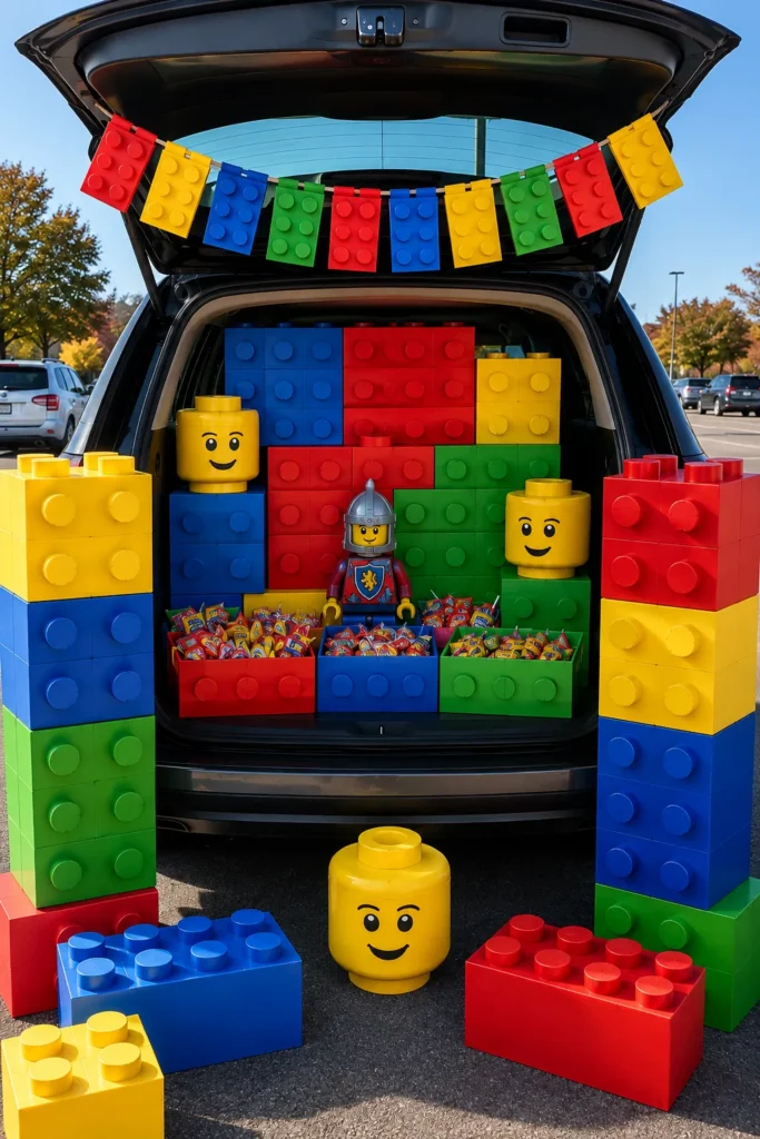 Car trunk decorated with oversized LEGO bricks in primary colors, featuring yellow smiley faces, a knight minifigure, and candy buckets for trunk or treat