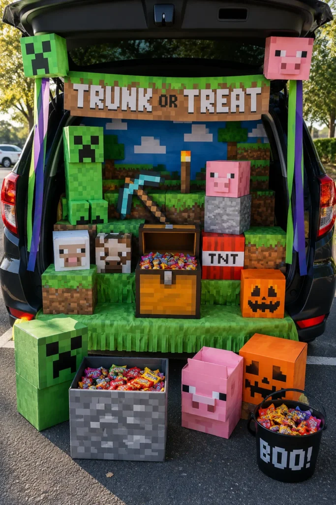 Car trunk decorated with Minecraft-themed blocks, creepers, and pixel characters filled with candy for trunk or treat