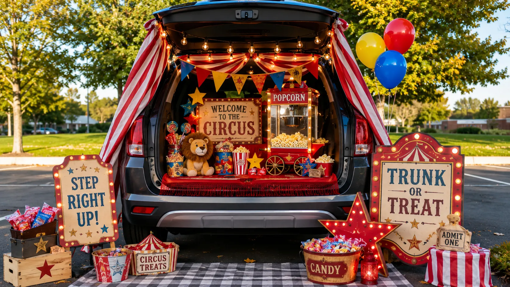 Open car trunk decorated as vintage circus with red and white striped awning, popcorn machine, teddy bear, colorful balloons, and festive signage for trunk or treat event