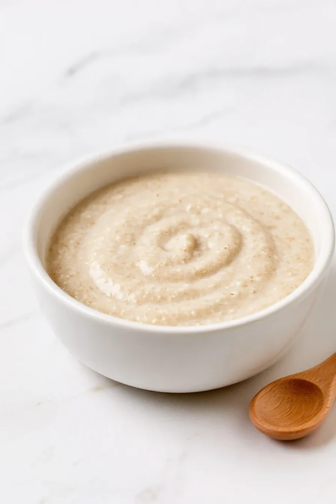 Creamy beige baby cereal in a white bowl with a wooden spoon on marble surface