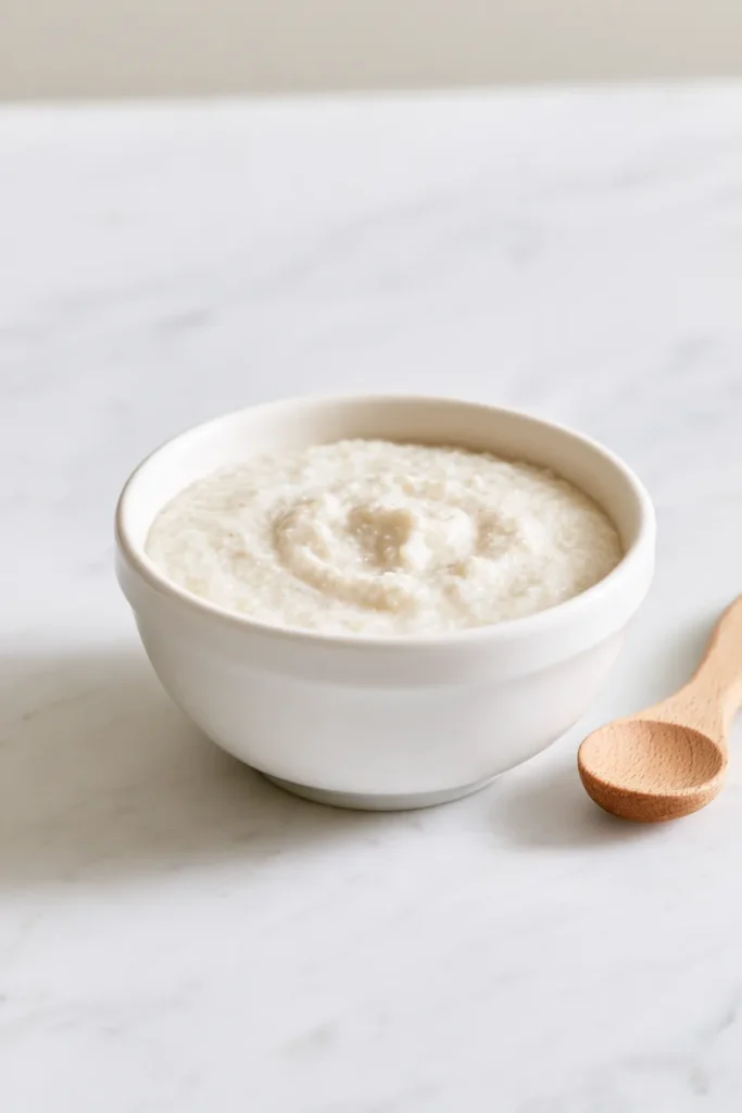 Creamy white bowl of homemade baby cereal with wooden spoon on marble surface