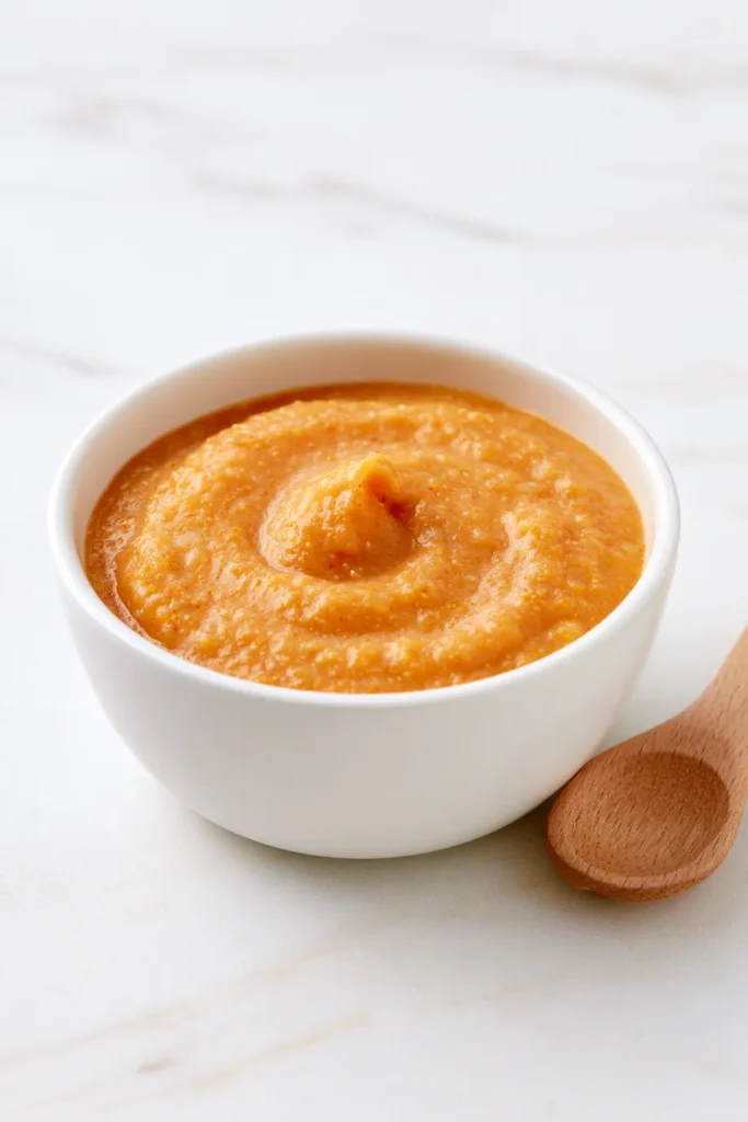 Creamy orange baby cereal in white bowl with wooden spoon on marble surface
