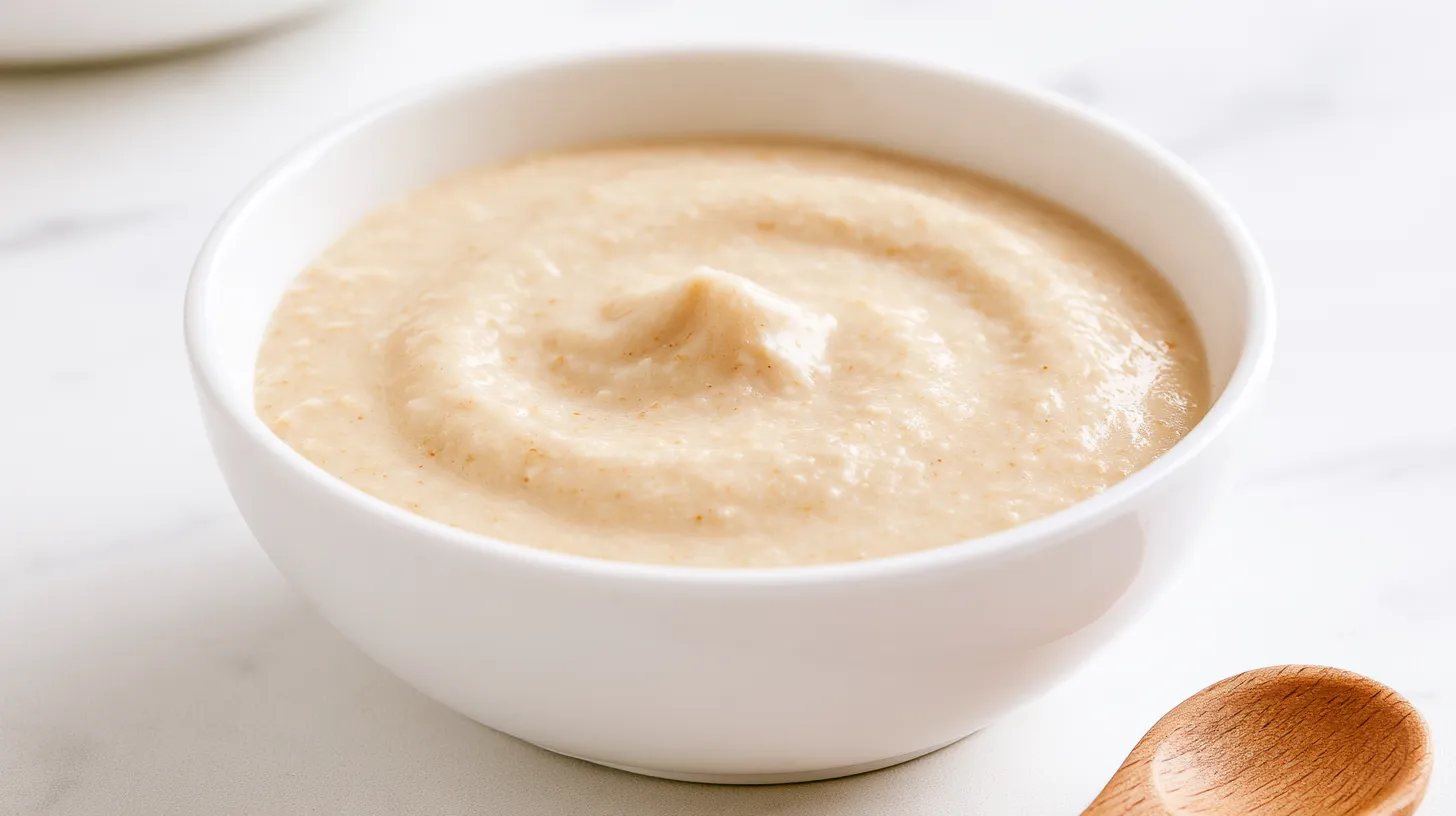 Creamy beige baby cereal in a white bowl with a swirl pattern on top, wooden spoon beside it