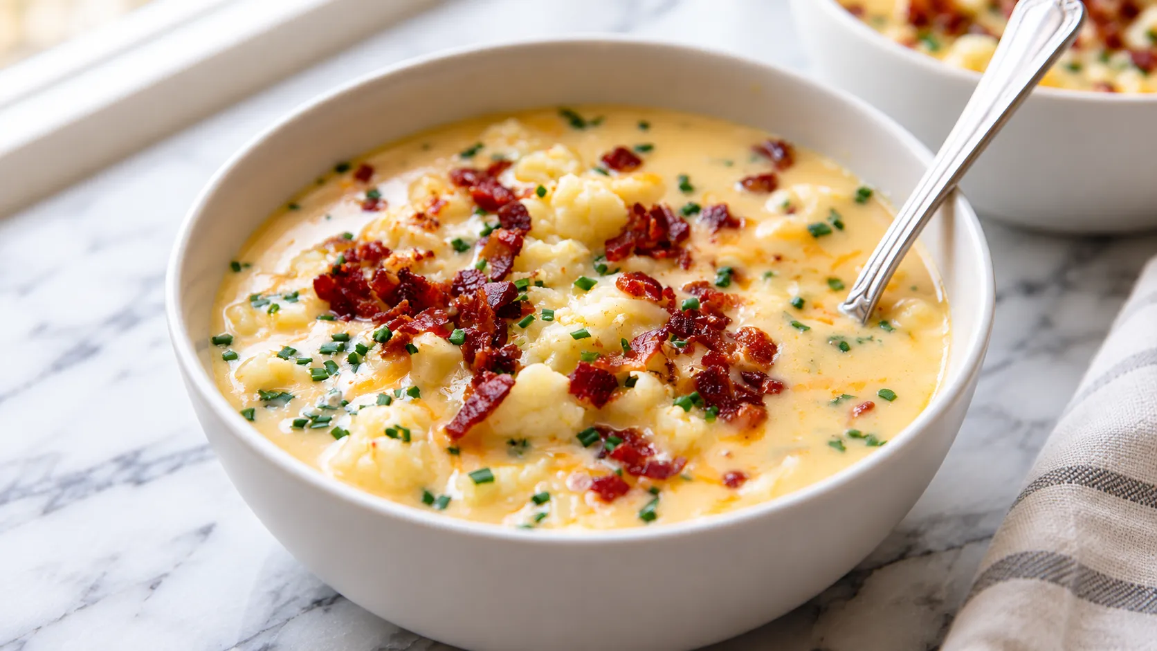 Creamy cheddar cauliflower chowder in a white bowl topped with crispy bacon bits and fresh chives on a marble surface
