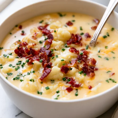 Creamy cheddar cauliflower chowder in a white bowl topped with crispy bacon bits and fresh chives