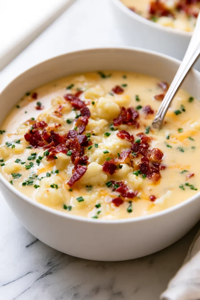 Creamy cheddar cauliflower chowder in a white bowl topped with crispy bacon bits and fresh chives