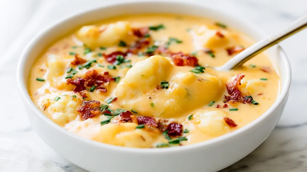 Creamy cauliflower and potato soup topped with crispy bacon and green onions in a white bowl
