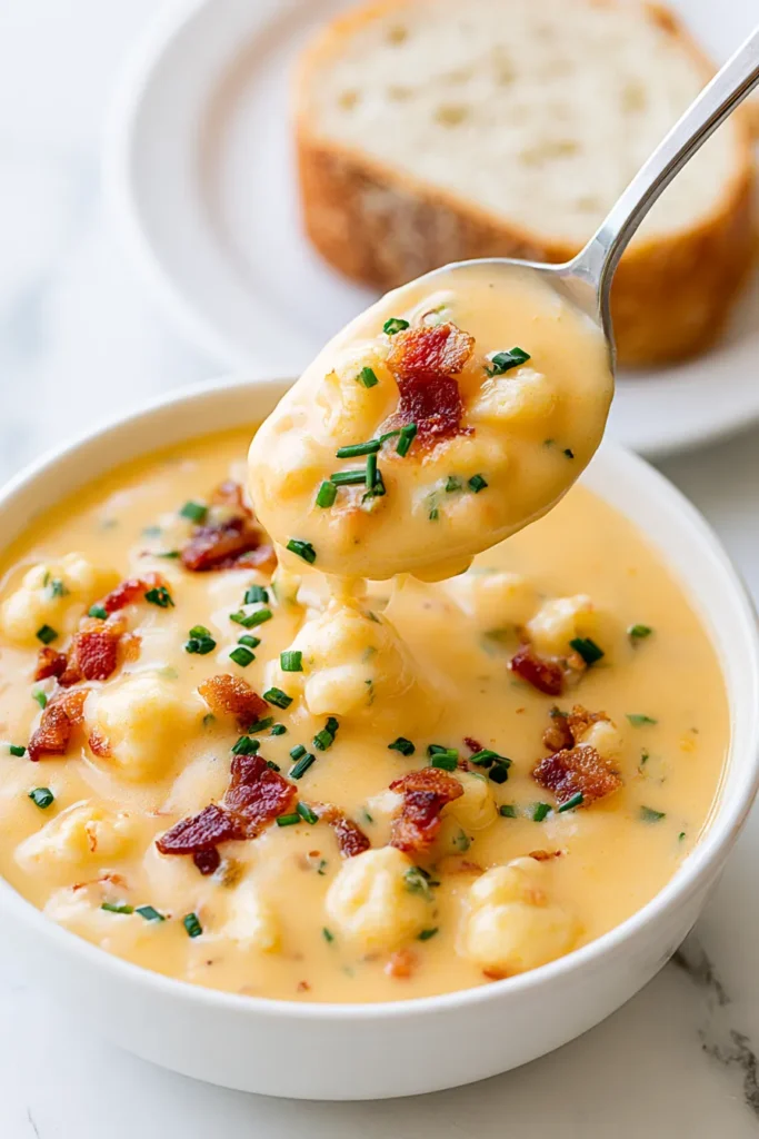 Spoon lifting creamy cheddar cauliflower chowder topped with bacon bits and chives, with crusty bread in background