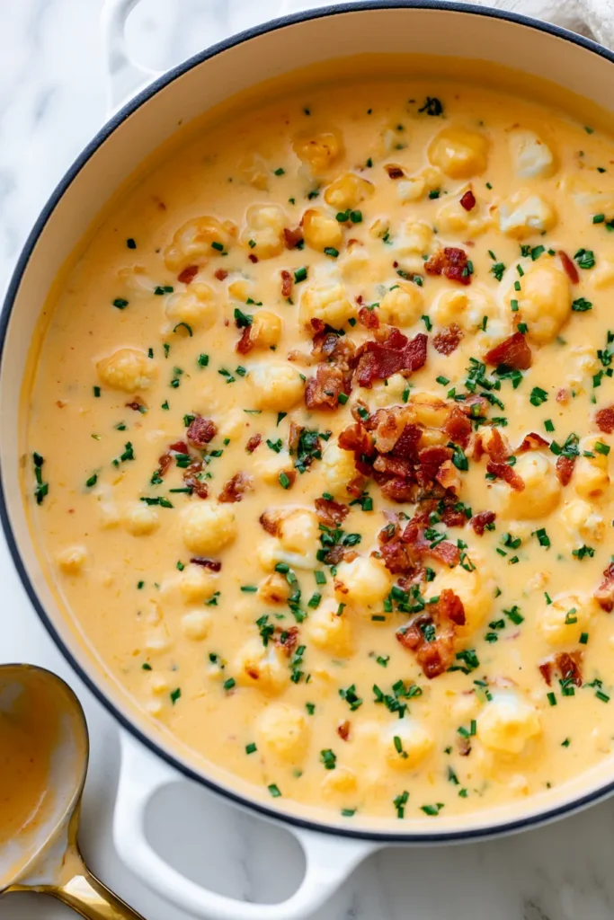 Creamy cheddar soup with corn, cauliflower, and crispy bacon bits garnished with fresh chives in a white pot