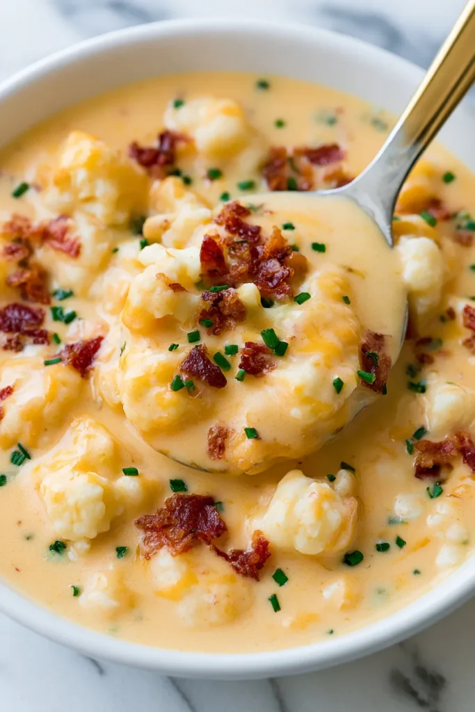 Creamy cheddar cauliflower chowder in white bowl topped with bacon bits and green chives, with spoon resting on edge