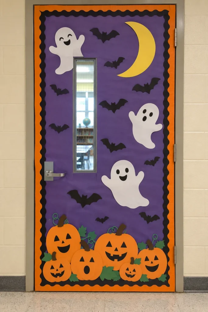 Classroom door decorated with purple background, smiling white ghosts, flying bats, yellow crescent moon, and jack-o'-lanterns with green vines at the bottom