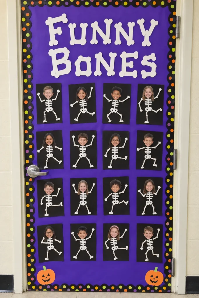 Classroom door decorated with "Funny Bones" title featuring student photos dressed as skeletons with white bones on purple background, bordered by colorful dot trim and jack-o'-lanterns