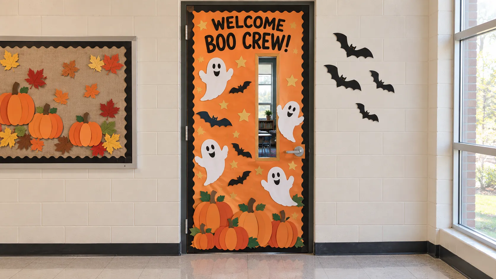School hallway with Halloween-decorated classroom door featuring orange background, white ghosts, black bats, yellow stars, and pumpkins with "Welcome Boo Crew" text