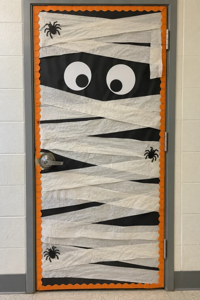 Classroom door decorated as a mummy face with large googly eyes, wrapped in white gauze strips, black gaps showing through, and small plastic spiders, bordered in orange scalloped trim