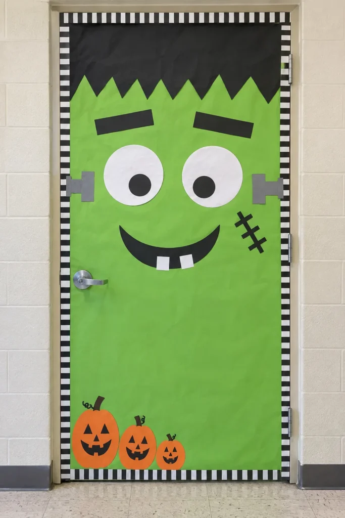 Bright green Frankenstein face door decoration with oversized eyes, stitched cheeks, and jack-o'-lanterns at the base on checkered border