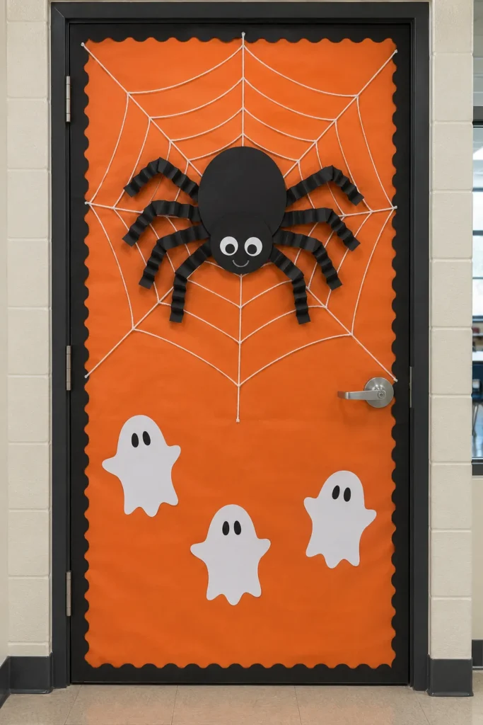 Classroom door decorated with bright orange background, white spiderweb design, black paper spider with googly eyes, and three white ghost cutouts with black dots