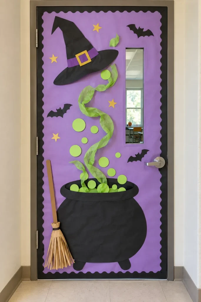Witches brew Halloween door decoration with purple background, black cauldron, green potion bubbles, witch hat, broomstick, and flying bats