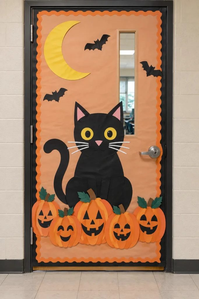 Black cat with yellow eyes sitting among jack-o'-lanterns, moon, and flying bats on orange Halloween classroom door decoration
