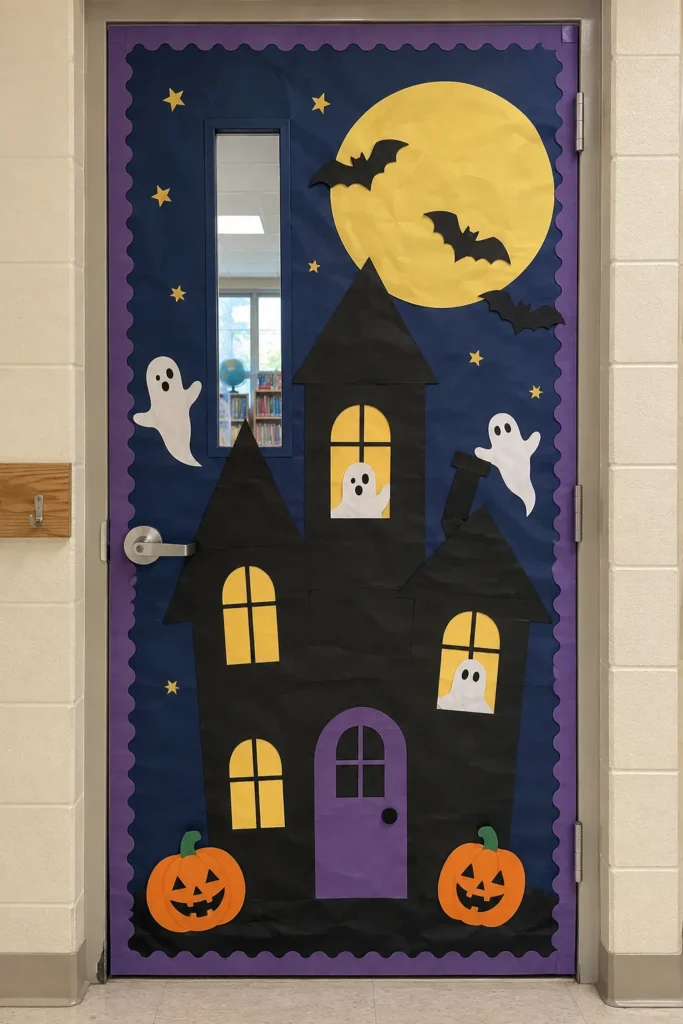 Haunted house classroom door decoration with black silhouette castle, glowing yellow windows, ghosts, bats, full moon, jack-o'-lanterns, and stars on dark blue background
