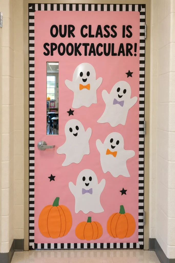Classroom door decorated with pink background, black and white striped border, friendly ghosts wearing colorful bows, orange pumpkins, and black stars with "Our Class is Spooktacular" text