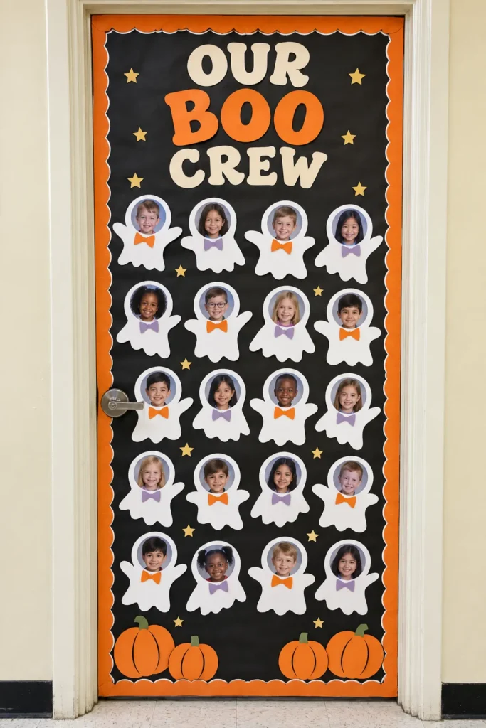 Classroom door decorated with orange border and "Our Boo Crew" title, featuring ghost cutouts with student photos wearing colored bow ties and gold stars