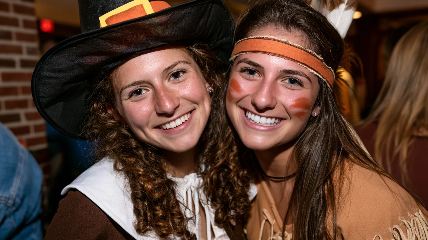 Two smiling young women in matching Western-themed costumes with cowboy hat and orange headband at an indoor party