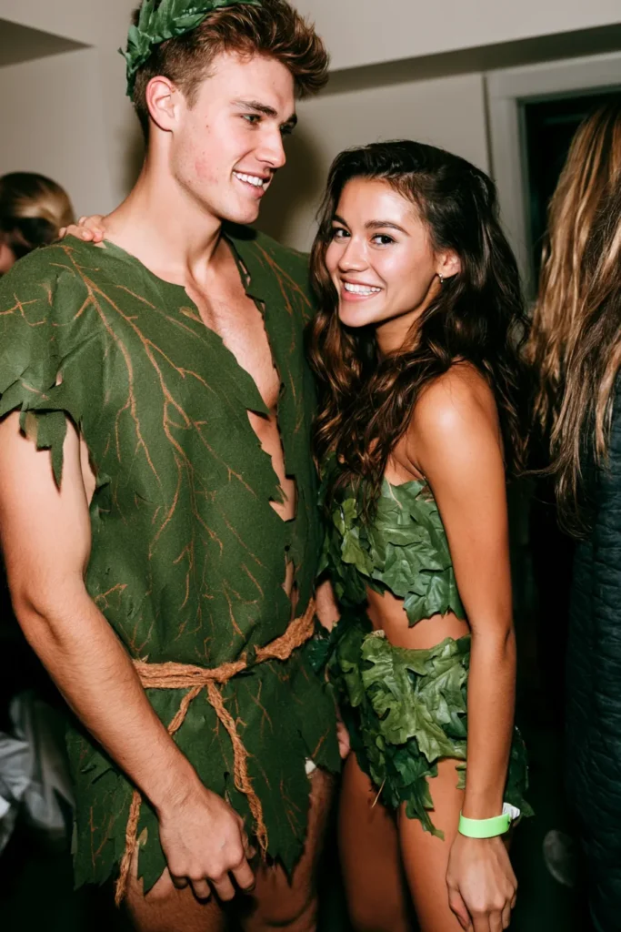 Couple dressed as Peter Pan characters in green leaf costumes at a costume party, smiling at each other; duo costume