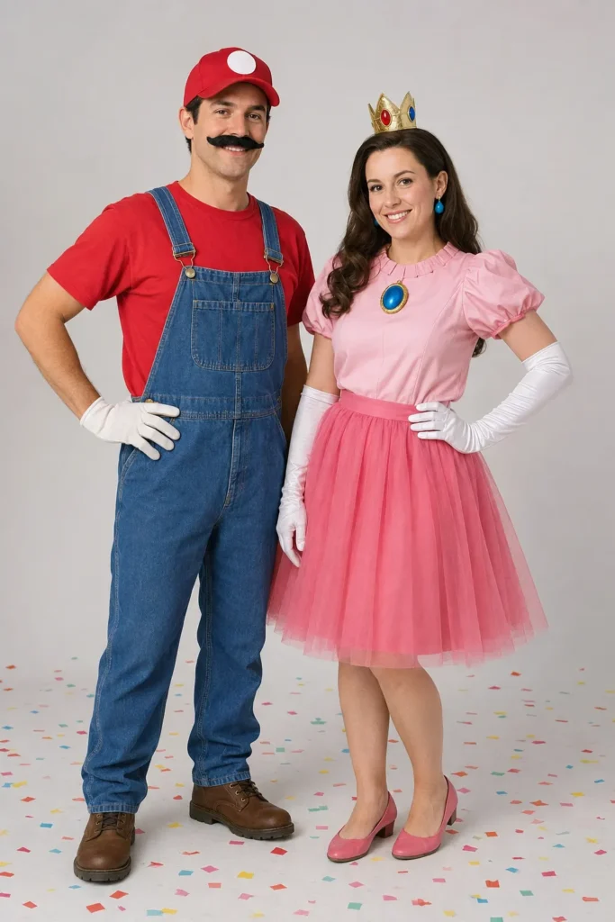 Couple dressed as Mario and Princess Peach in classic video game costumes with red cap, mustache, overalls, pink dress, and crown against confetti backdrop; duo costume