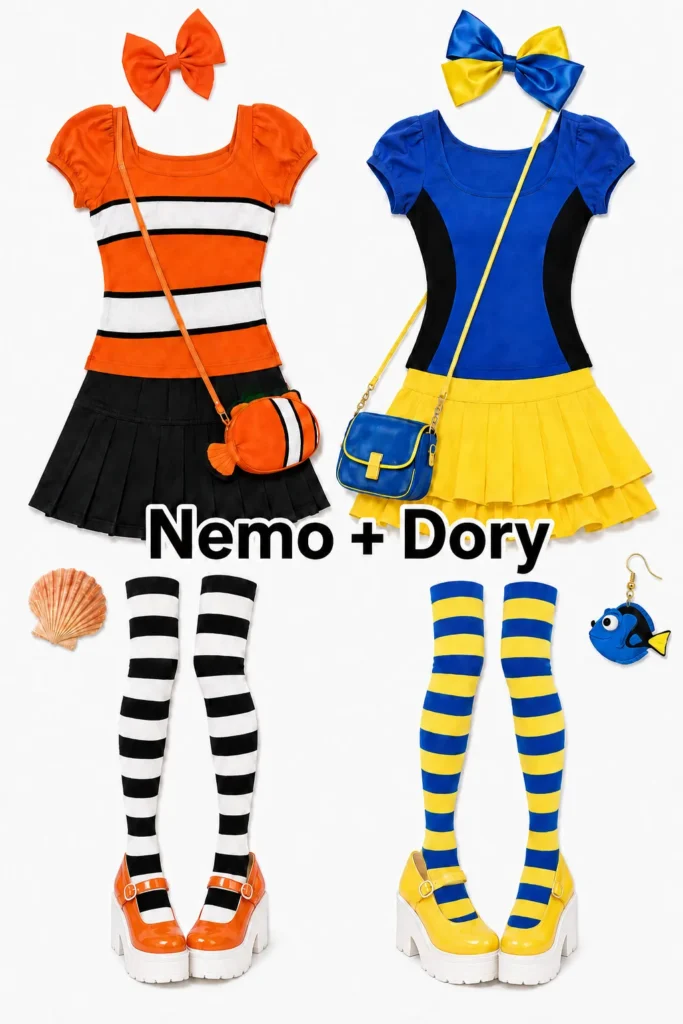 Two character-inspired costumes displayed side by side: orange and black Nemo outfit on left with striped socks and clownfish bag; blue and yellow Dory costume on right with matching striped socks and fish earring; duo costume