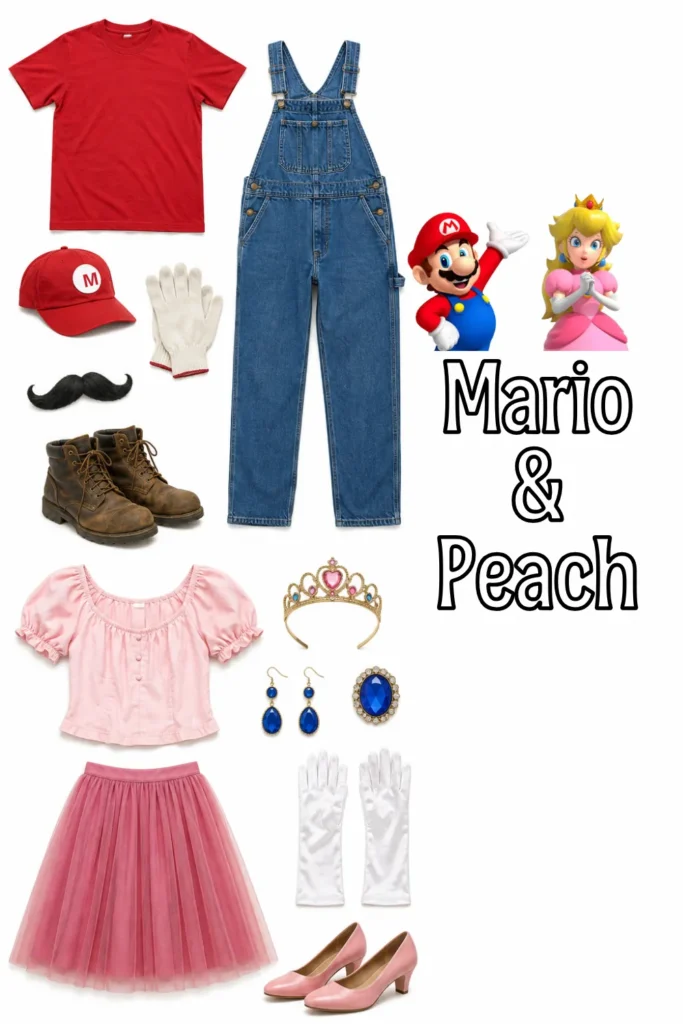 Mario and Peach couple costume pieces including red shirt with M cap, denim overalls, brown boots, fake mustache, and pink off-shoulder top with tulle skirt, tiara, and blue jewel accessories