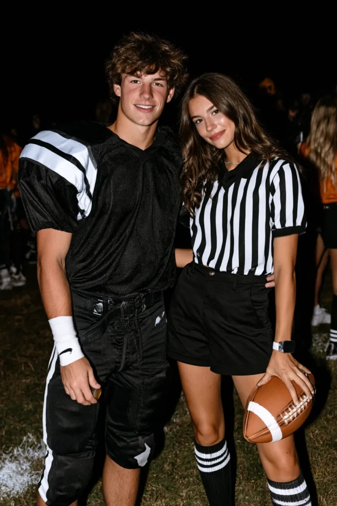 Young man and woman in coordinating black and white football referee costumes at a nighttime outdoor event, both holding a football