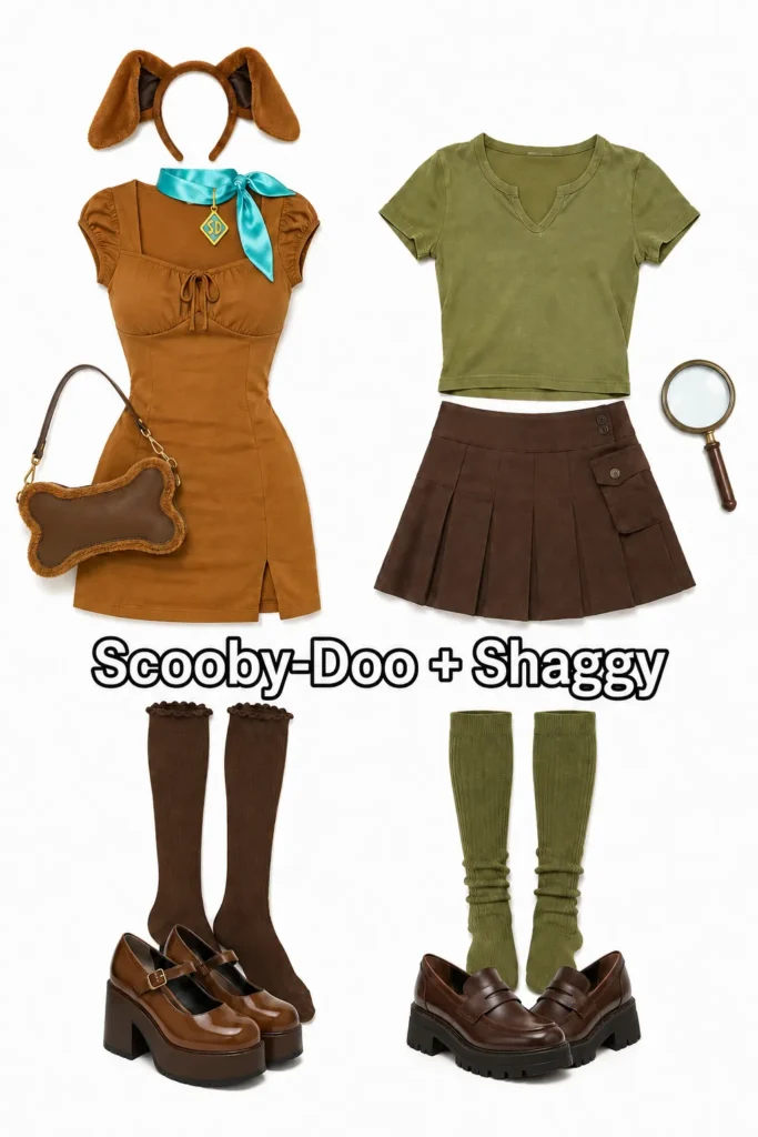 Two duo Halloween costumes featuring Scooby-Doo and Shaggy outfits with brown and green color schemes, ears headband, pleated skirt, platform loafers, and matching accessories