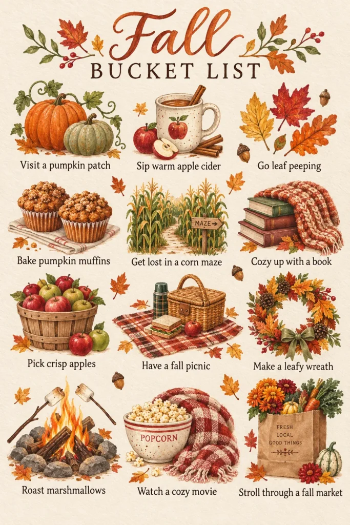 Fall bucket list illustrated with autumn activities including pumpkins, apple cider, corn maze, and cozy blankets on cream background