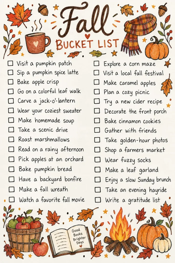 Fall bucket list with checkboxes featuring autumn activities like pumpkin patch visits, apple picking, and cozy sweater days, decorated with orange leaves, pumpkins, and a campfire