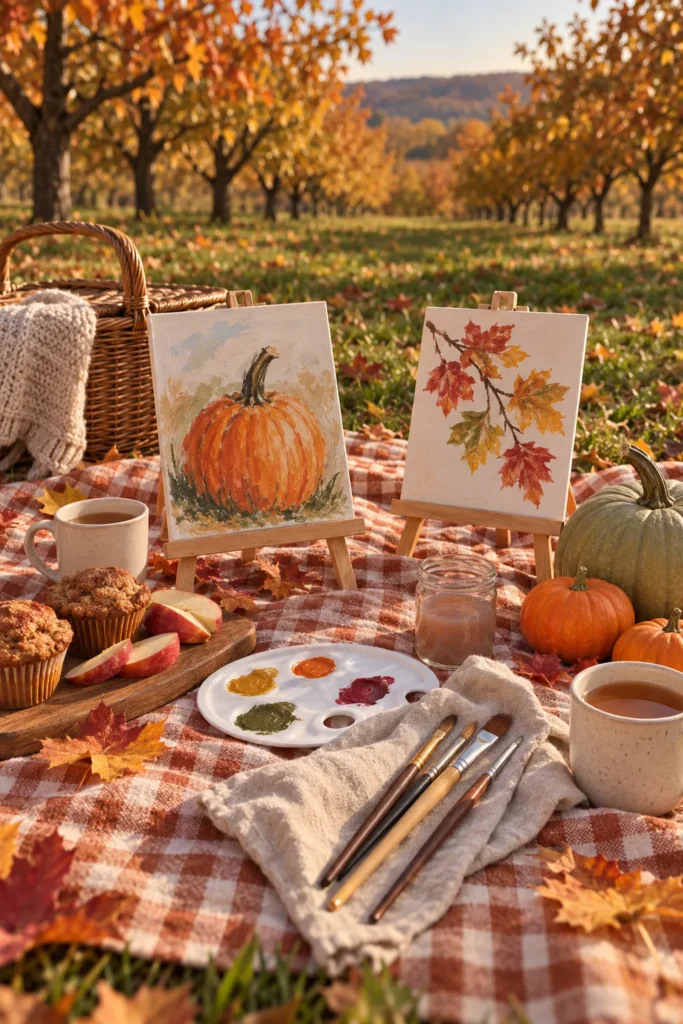 Autumn picnic spread on a red plaid blanket in an orchard, with painted fall artwork, pumpkins, muffins, apples, hot cider, and art supplies surrounded by golden trees