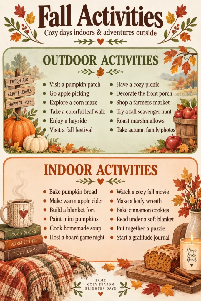 Illustrated fall activities guide showing outdoor ideas like pumpkin patches and apple picking, plus indoor activities including baking and cozy movie nights, surrounded by autumn leaves and seasonal decor