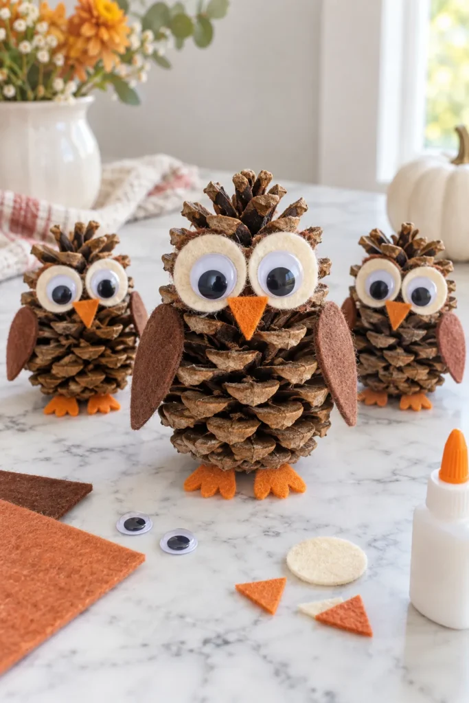 Three handmade pinecone owls with googly eyes, orange beaks, and felt wings displayed on marble surface with craft supplies nearby