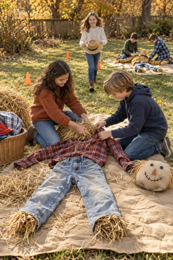 Kids building a scarecrow with straw and plaid shirt in autumn backyard setting