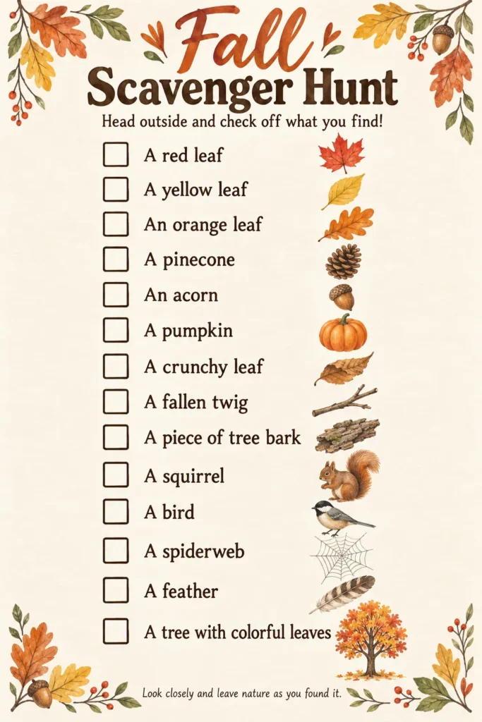 Fall scavenger hunt checklist with colorful leaves, acorns, pinecones, pumpkin, squirrel, bird, and tree illustrations on cream background