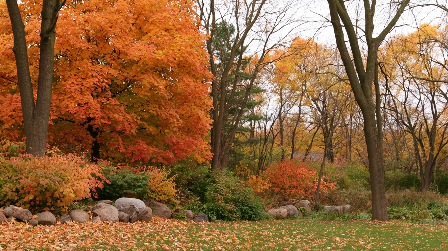 Wooded park area with vibrant orange and golden fall foliage, scattered leaves on grass, and large boulders along a tree-lined path